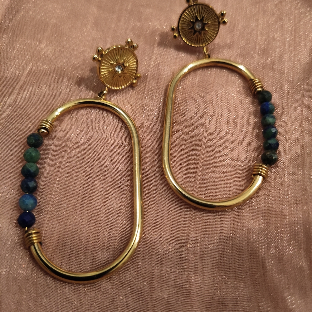 Source Unknown Gold and Blue Oval Earrings